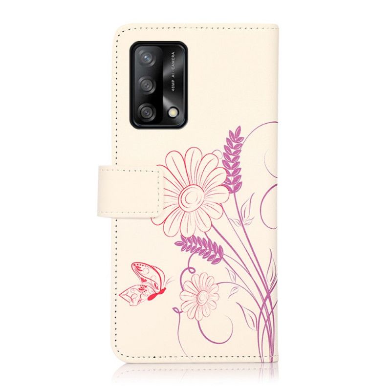 Lærdeksel Folio Deksel Oppo A74 4g Tegning Av Sommerfugler Og Blomster