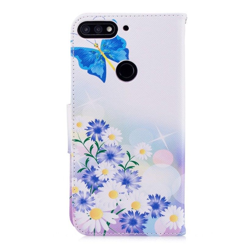 Folio Deksel Huawei Y7 2018 Lyseblå Malte Sommerfugler Og Blomster