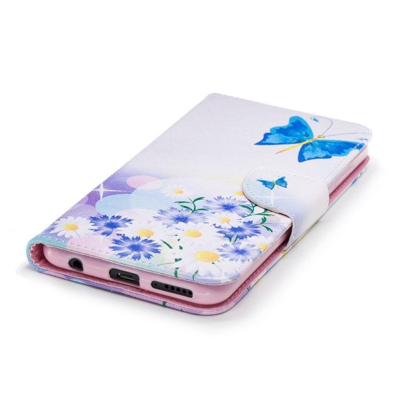 Folio Deksel Huawei Y7 2018 Lyseblå Malte Sommerfugler Og Blomster