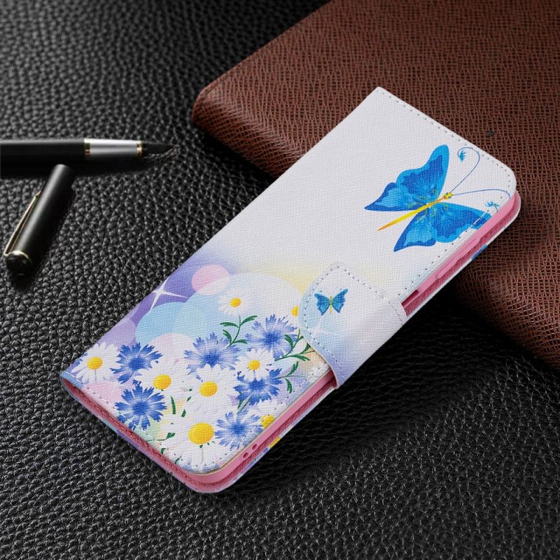Lærdeksel Folio Deksel Samsung Galaxy M32 Mobildeksel Malte Sommerfugler Og Blomster