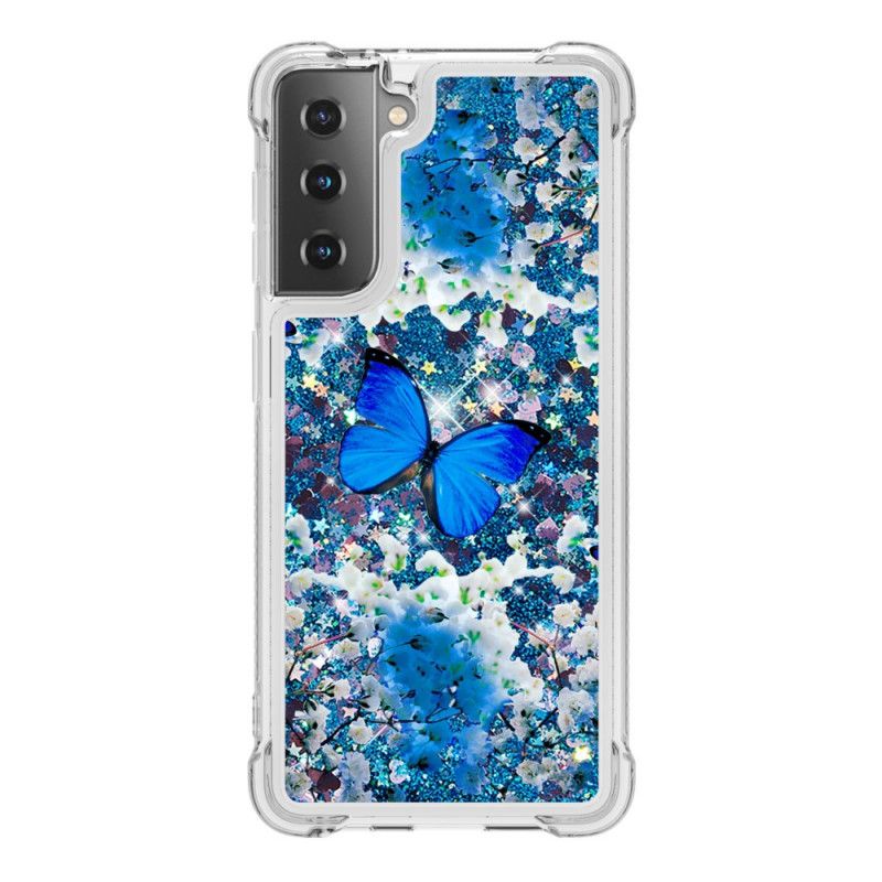 Deksel Samsung Galaxy S21 Plus 5G Blå Glitter Sommerfugler