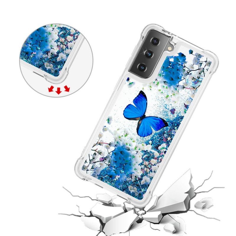 Deksel Samsung Galaxy S21 Plus 5G Blå Glitter Sommerfugler