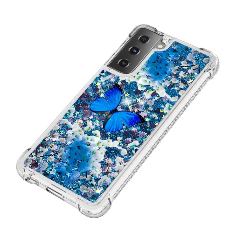 Deksel Samsung Galaxy S21 Plus 5G Blå Glitter Sommerfugler