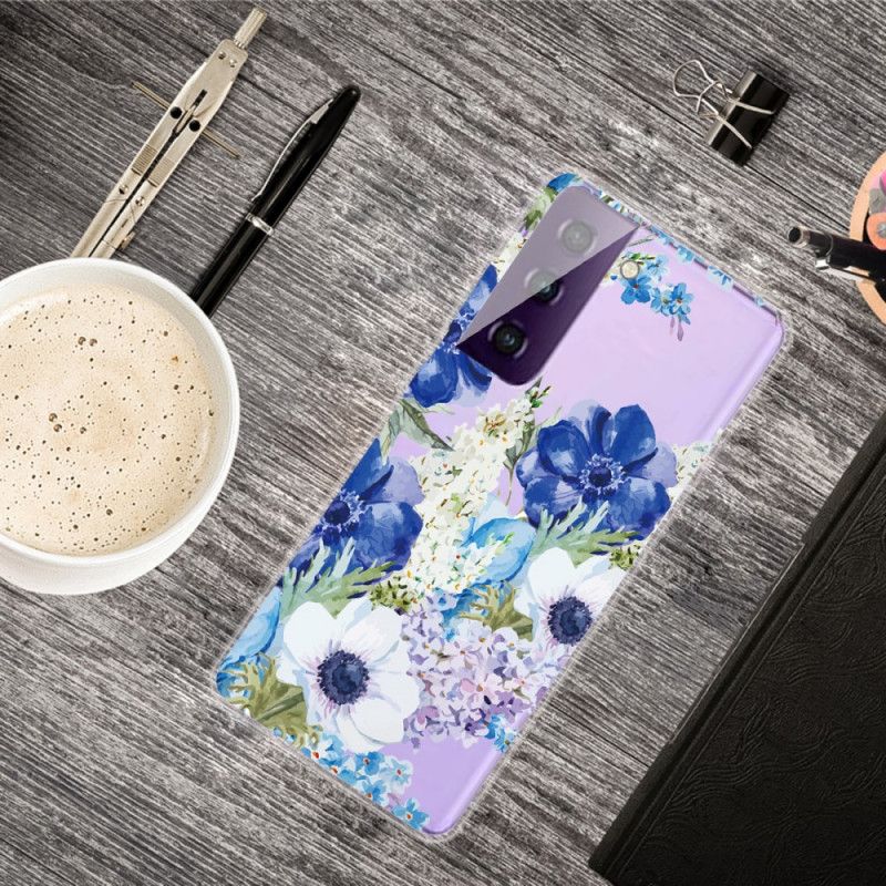 Deksel Samsung Galaxy S21 Plus 5G Gjennomsiktige Akvarellblå Blomster Beskyttelse