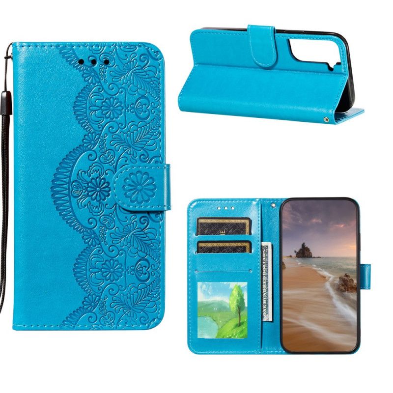 Folio Deksel Samsung Galaxy S21 Plus 5G Rød Blomsterbroderitrykk Beskyttelse