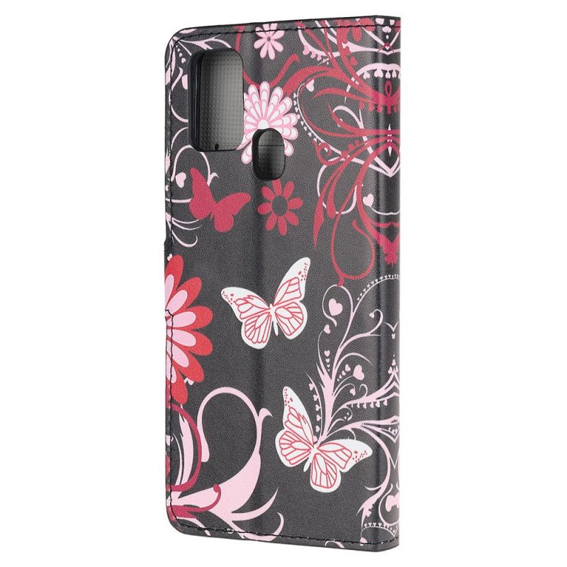 Folio Deksel for Samsung Galaxy M21 Lilla Sommerfugler Og Blomster
