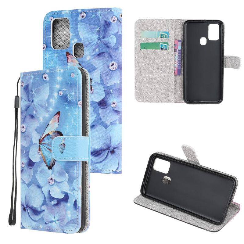 Lærdeksel Folio Deksel Samsung Galaxy M21 Mobildeksel Diamantsommerfugler Med Tanga