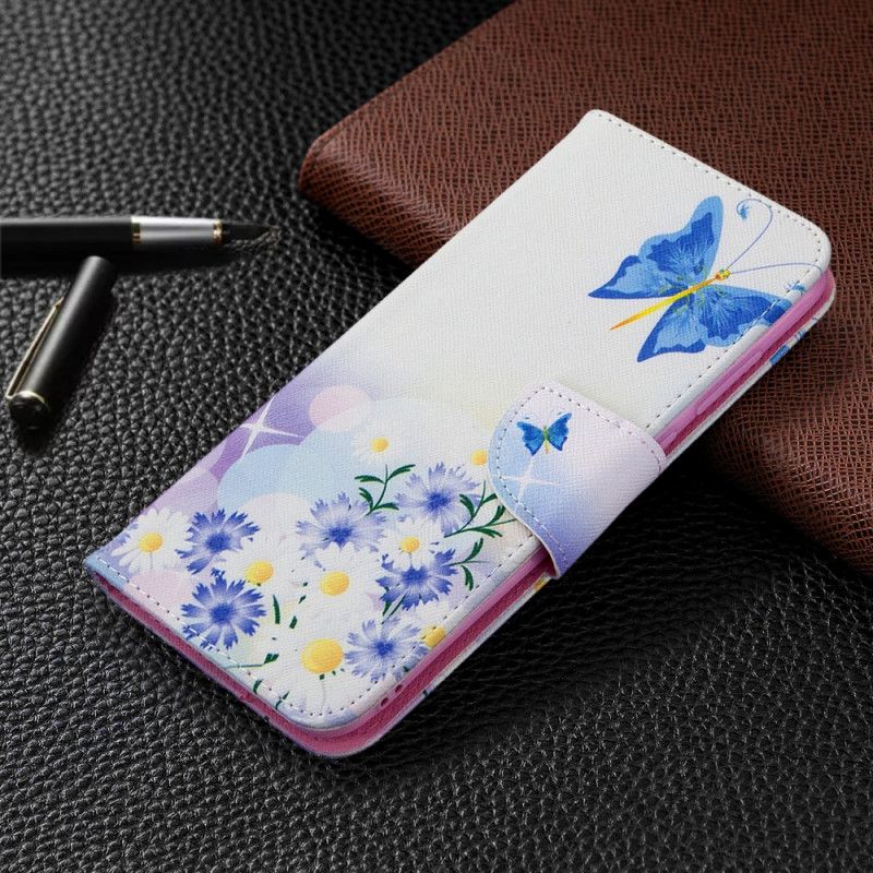 Folio Deksel Samsung Galaxy M11 Magenta Malte Sommerfugler Og Blomster Anti-fall