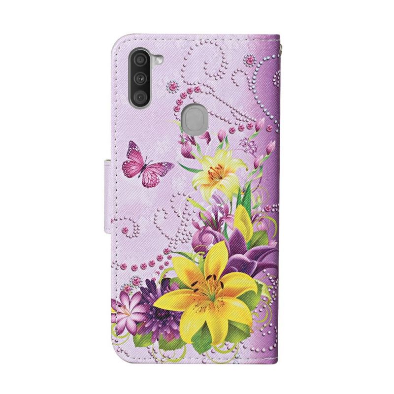 Folio Deksel Samsung Galaxy M11 Magenta Mesterlige Blomster Med Tanga Beskyttelse