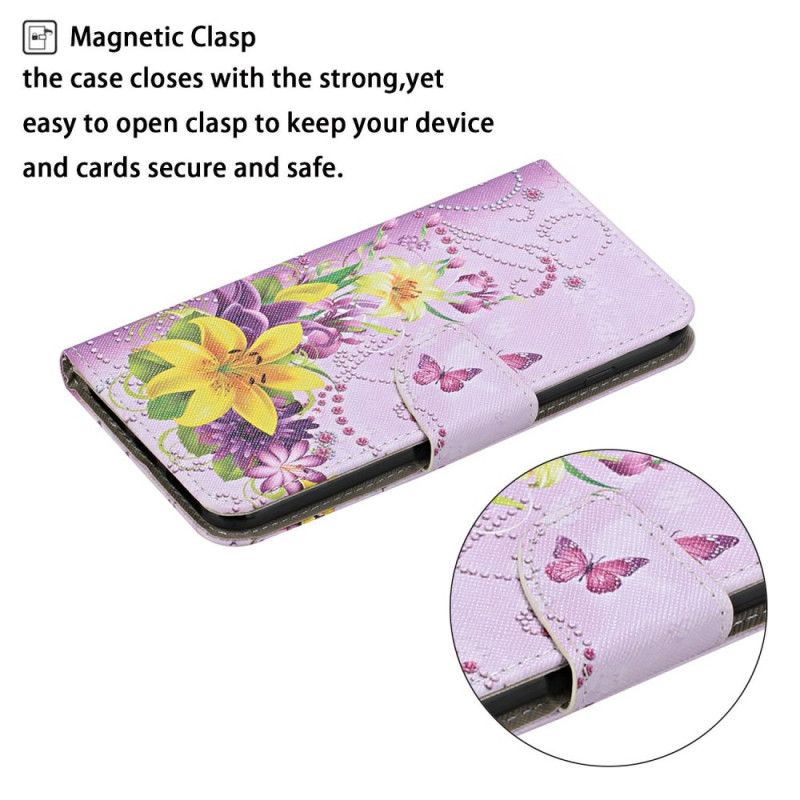 Folio Deksel Samsung Galaxy M11 Magenta Mesterlige Blomster Med Tanga Beskyttelse