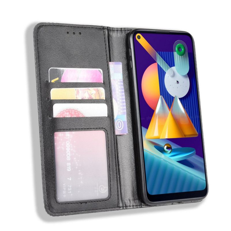 Folio Deksel Samsung Galaxy M11 Svart Stilisert Vintage Skinn-Effekt
