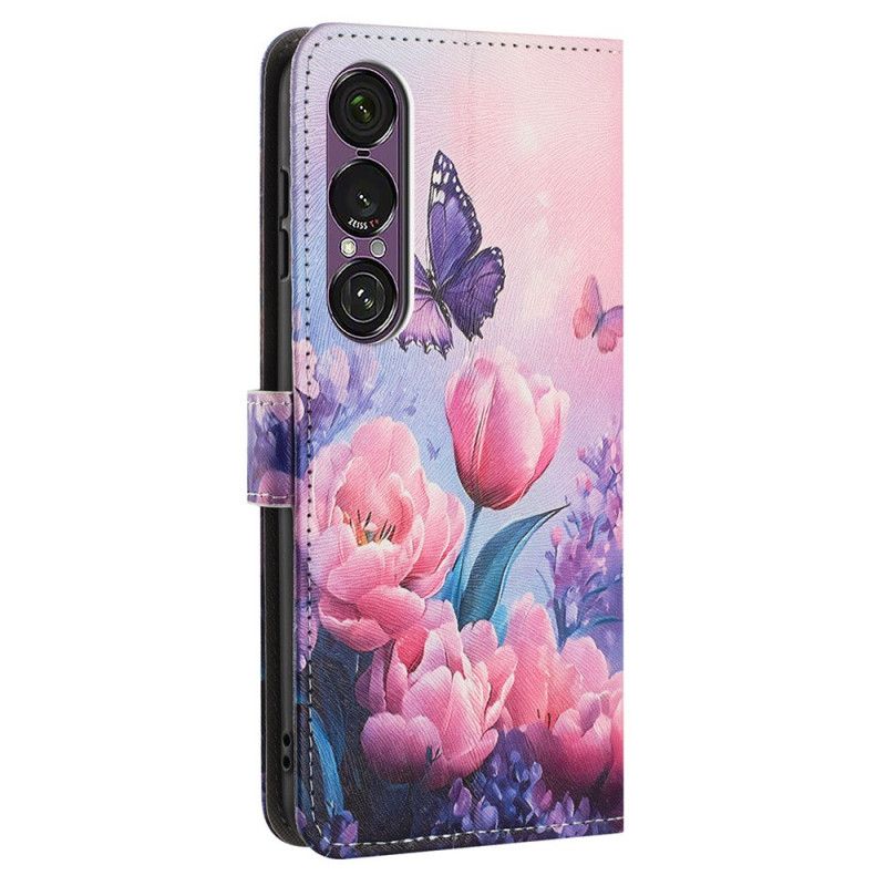 Folio Deksel Sony Xperia 1 Vii Blomster- Og Sommerfuglmønster