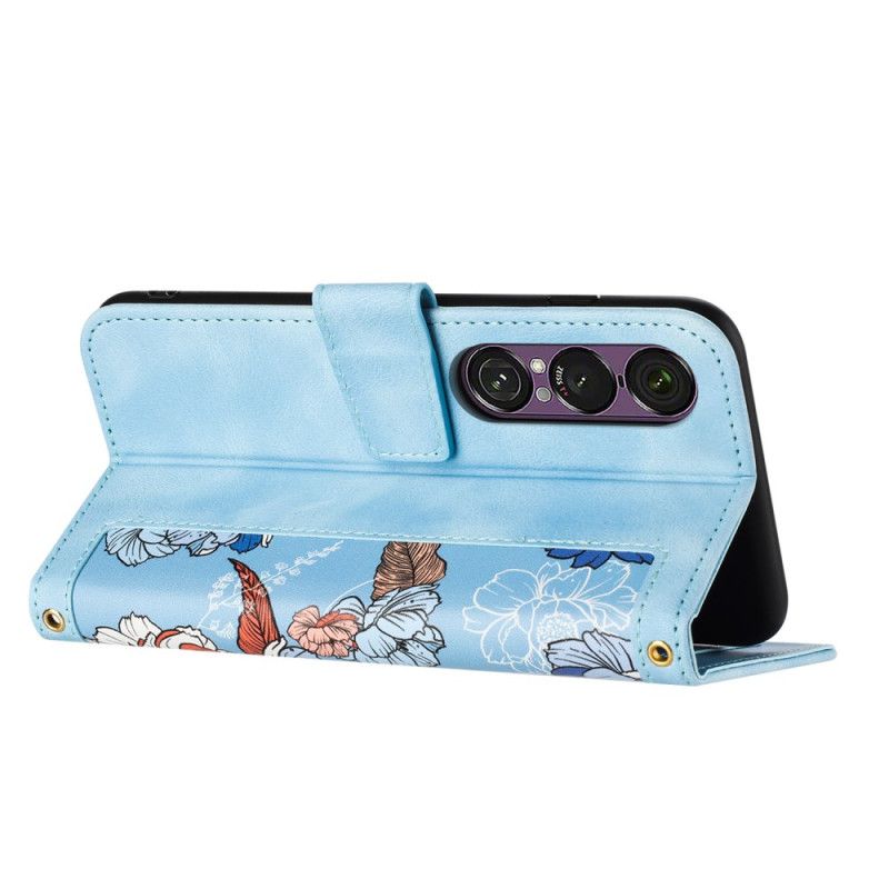 Lærdeksel Folio Deksel Sony Xperia 1 Vii Mobildeksel Blomster Med Stropp