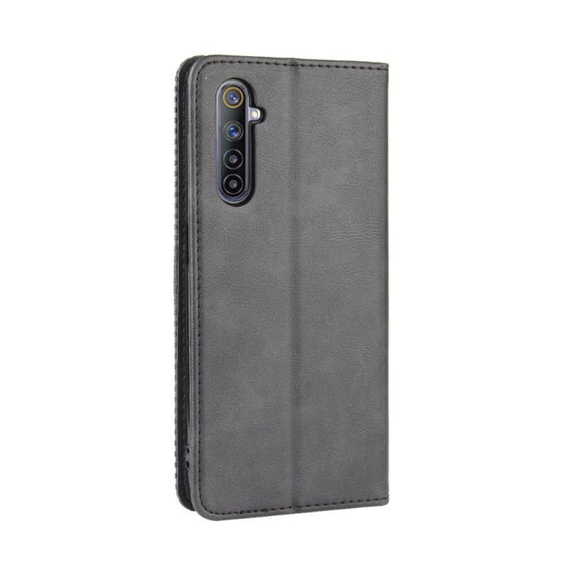 Folio Deksel Realme 6 Svart Stilisert Vintage Skinneffekt