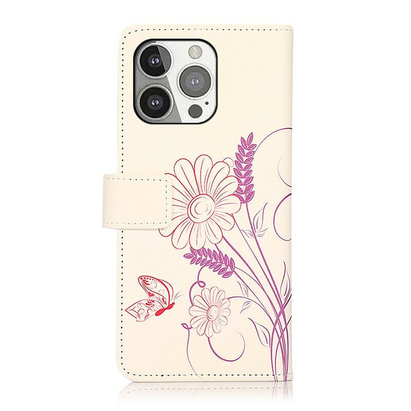 Folio Deksel iPhone 13 Pro Tegning Av Sommerfugler Og Blomster