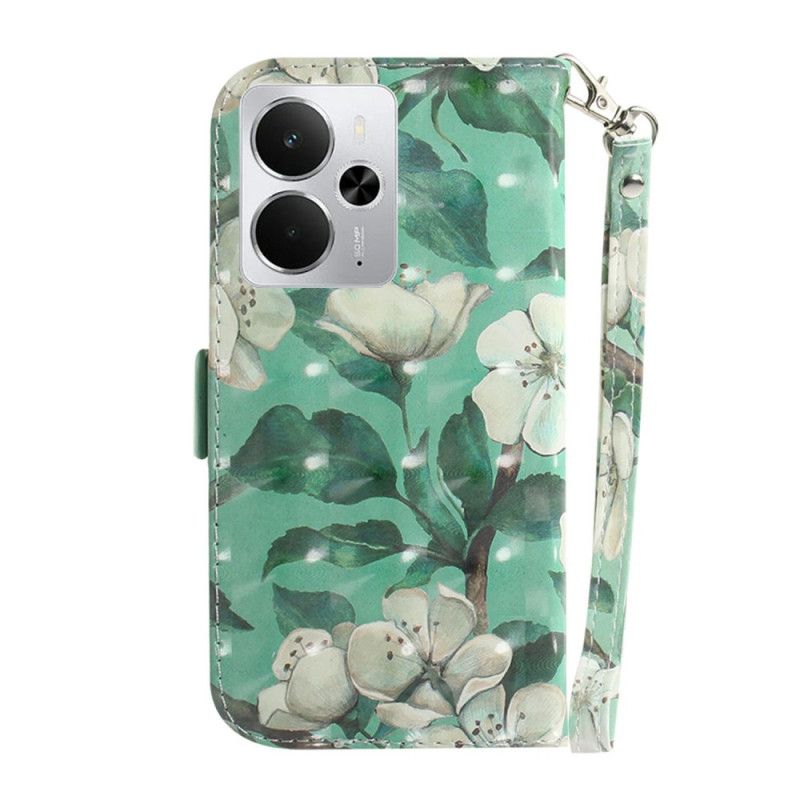 Folio Deksel Til Realme 14 5g Hvite Blomster Med Snor