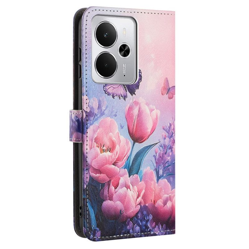 Folio Deksel Til Realme 14 5g Rosa Blomster Og Sommerfugler