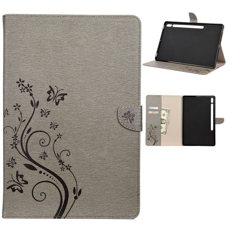 Folio Deksel Samsung Galaxy Tab S7 Plus Svart Blomster Sommerfugler