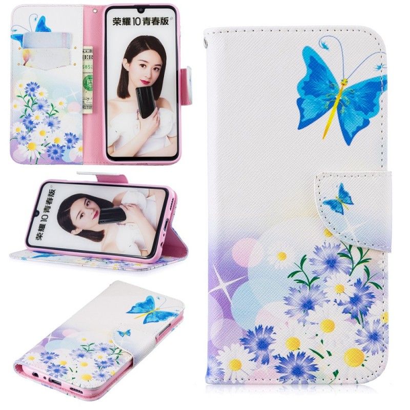 Lærdeksel Folio Deksel Honor 10 Lite Lyseblå Mobildeksel Malte Sommerfugler Og Blomster