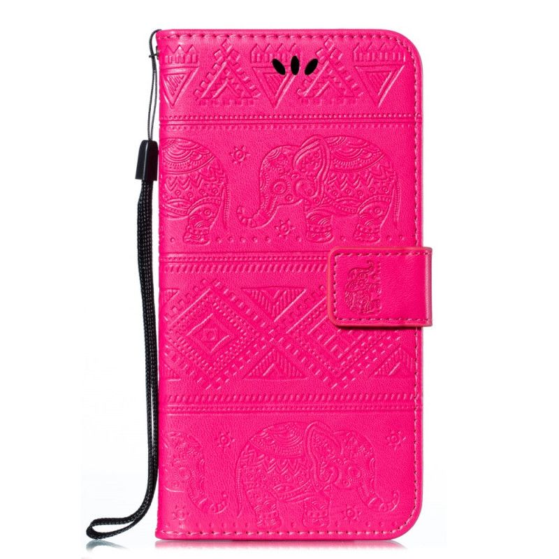 Folio Deksel Samsung Galaxy A20s Magenta Elefanter I Imitert Skinn