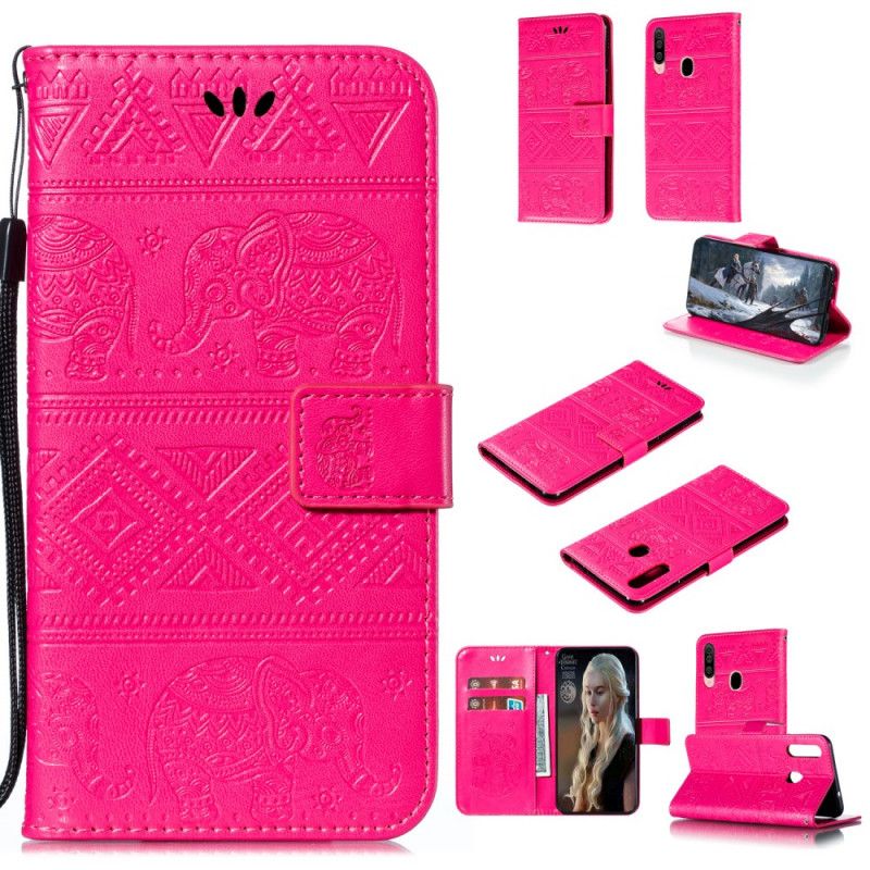 Folio Deksel Samsung Galaxy A20s Magenta Elefanter I Imitert Skinn