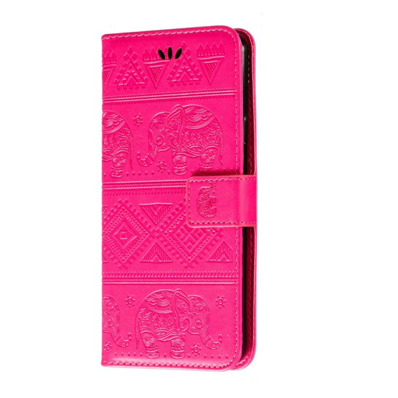 Folio Deksel Samsung Galaxy A20s Magenta Elefanter I Imitert Skinn