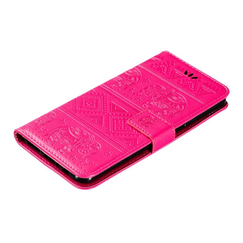 Folio Deksel Samsung Galaxy A20s Magenta Elefanter I Imitert Skinn