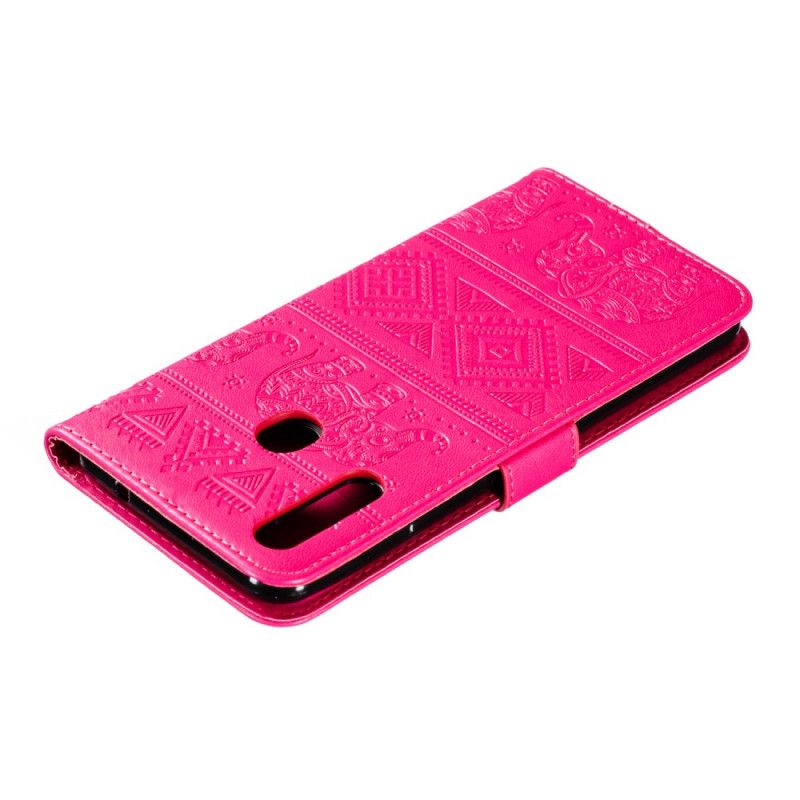 Folio Deksel Samsung Galaxy A20s Magenta Elefanter I Imitert Skinn