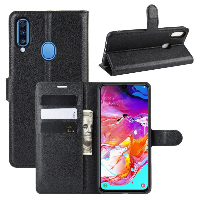 Lærdeksel Folio Deksel Samsung Galaxy A20s Svart Klassisk Lychee-Effekt