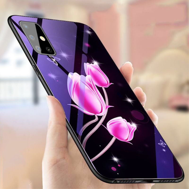 Deksel Samsung Galaxy A51 Rosa Herdet Glass Og Blomstersilikon Anti-fall