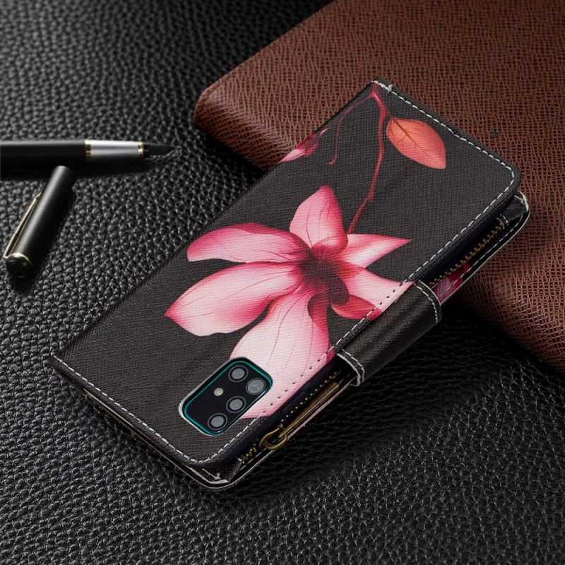 Folio Deksel Samsung Galaxy A51 Svart Blomst Med Glidelås