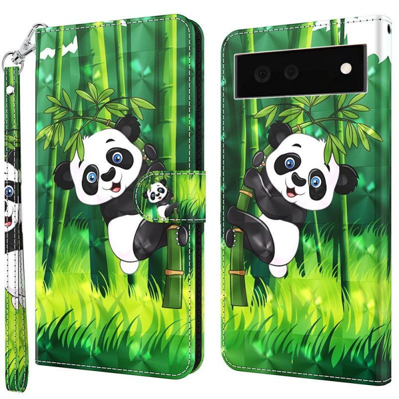 Folio Deksel Til Google Pixel 6A Med Kjede Strappy Panda