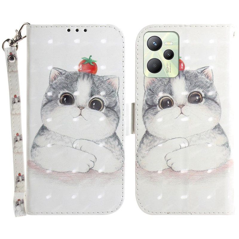 Folio Deksel Til Realme C35 Med Kjede Cat And Strappy Strawberry