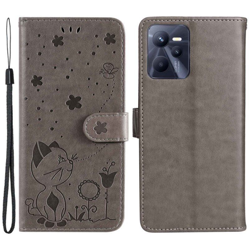 Folio Deksel Til Realme C35 Med Kjede Cat Flowers Bee Strappy