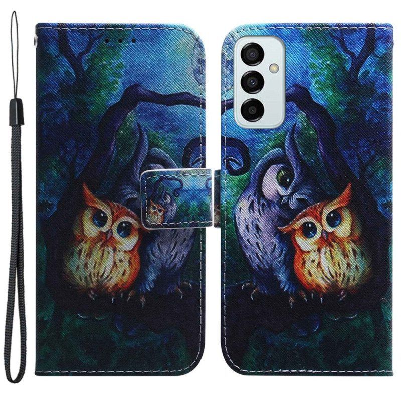 Folio Deksel Til Samsung Galaxy M13 Med Kjede Strappy Owls Maleri