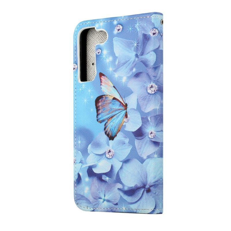 Folio Deksel Til Samsung Galaxy S22 Plus 5G Med Kjede Strappy Diamond Sommerfugler