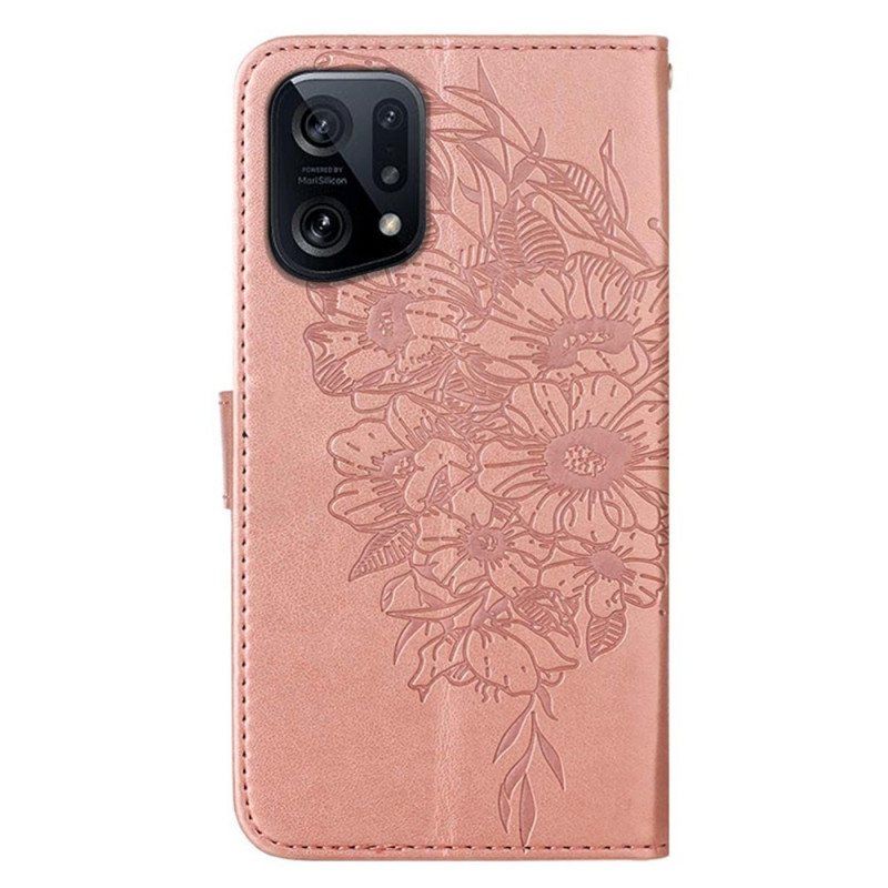 Lærdeksel Til Oppo Find X5 Sommerfugldesign Med Snor