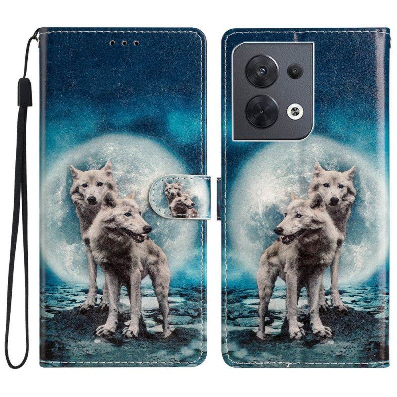 Lærdeksel Til Oppo Reno 8 Med Kjede Nøkkelbånd Wolf